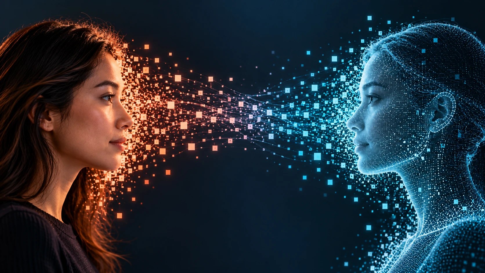 A young woman with long dark hair, lit in orange, faces her blue twin in profile. Pixels break away from her face and stream across the dark gap to form the twin, the same face rebuilt from points of light.