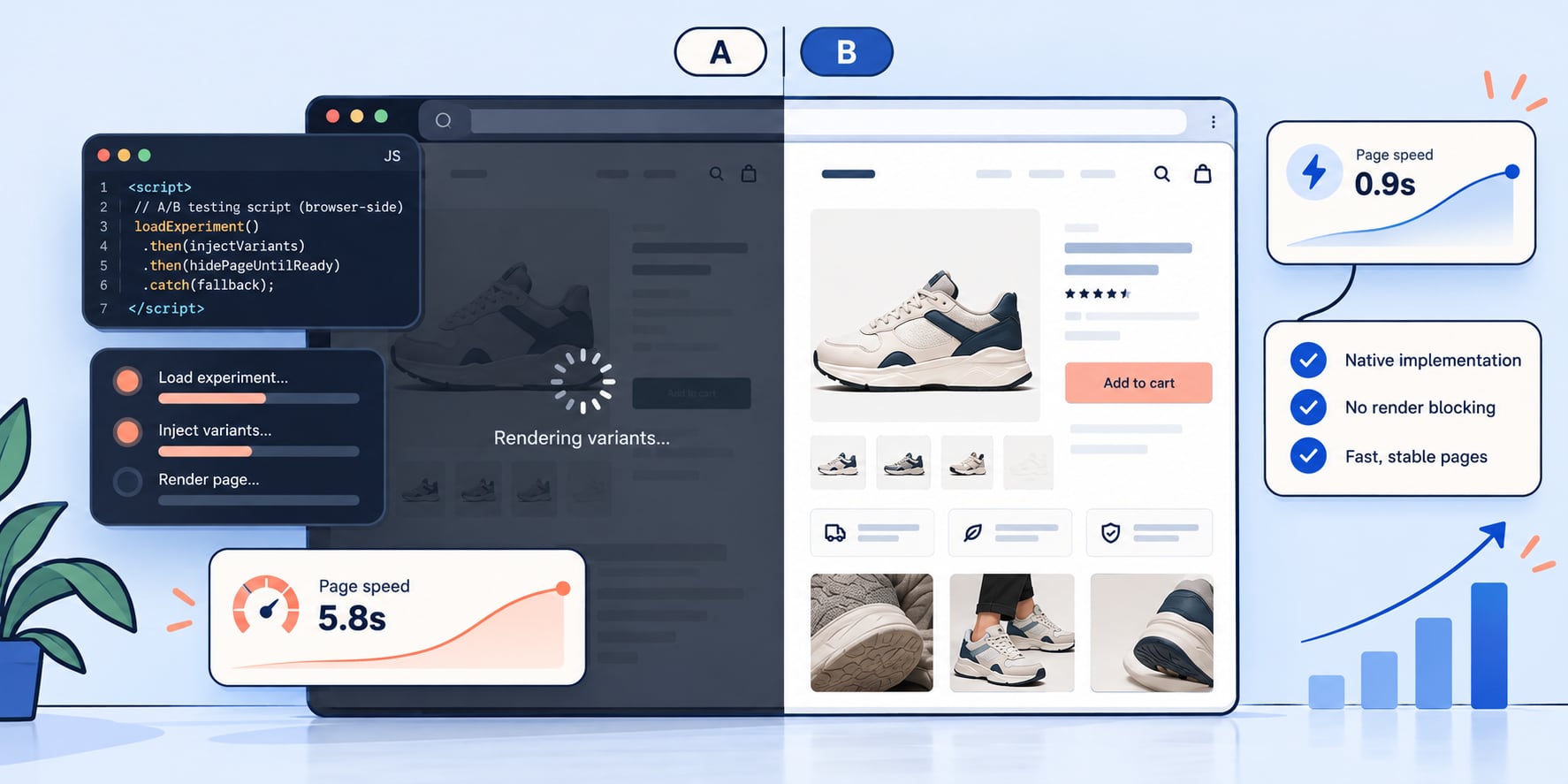 Illustration of one product page tested two ways. On the A side, a browser-side testing script hides the page while it loads and injects variants. On the B side, the same page is drawn straight away.