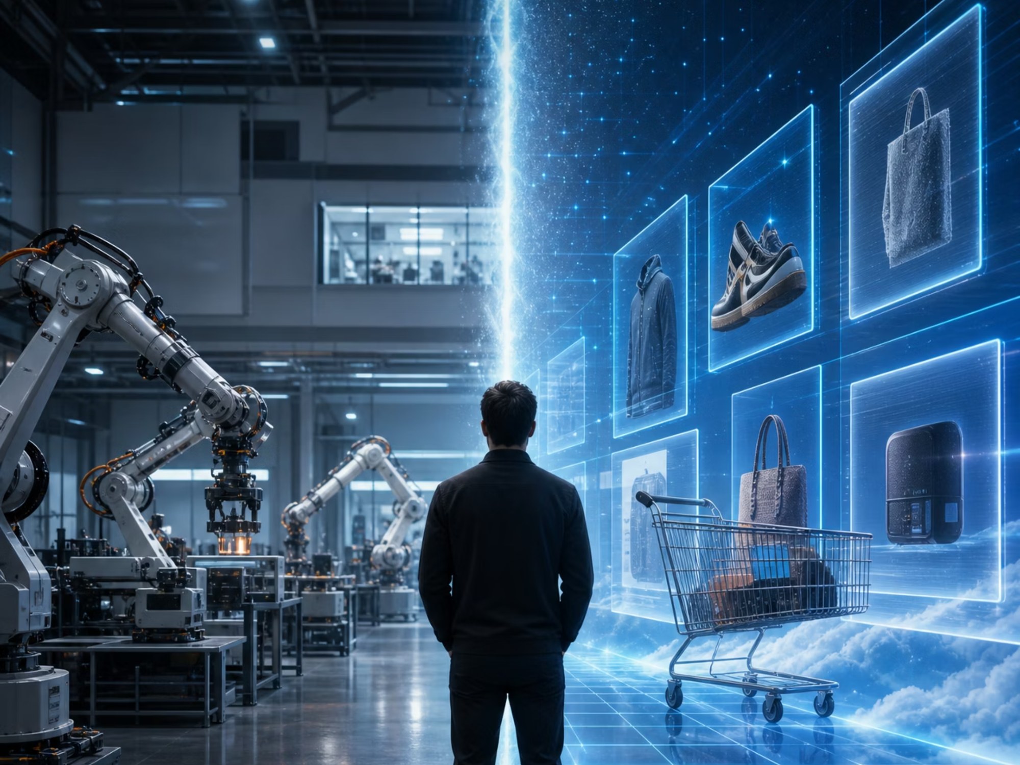 A person stands at the divide between a robotics factory floor and a luminous digital wall of holographic product tiles and a floating shopping cart, representing the shift from the physical world to a simulated one.