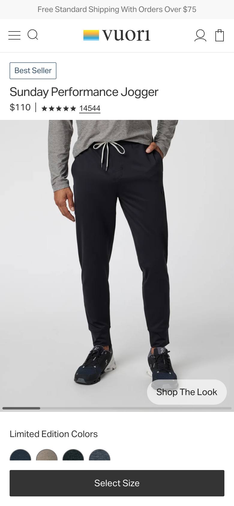 Vuori Sunday Performance Jogger on mobile, $110, 14,544 reviews.